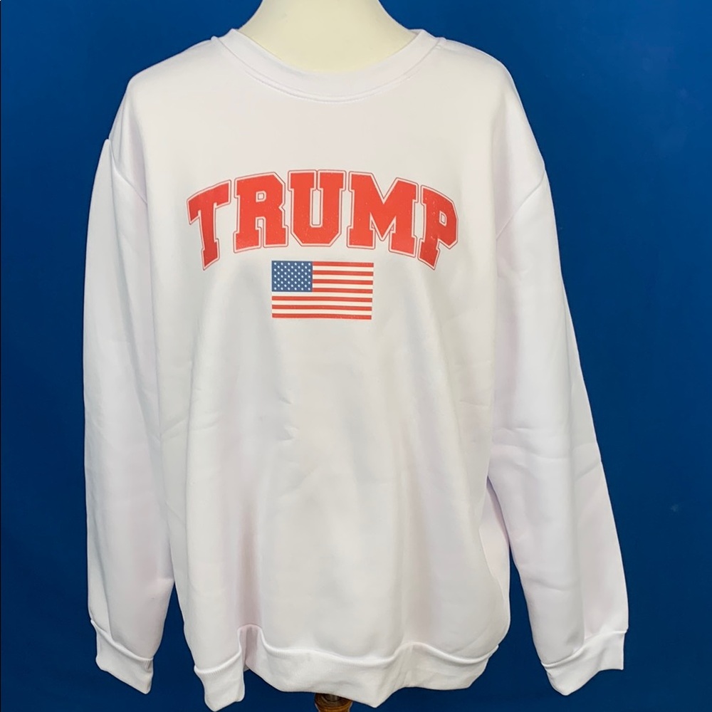 White Sweatshirt with Red 'TRUMP' and Flag